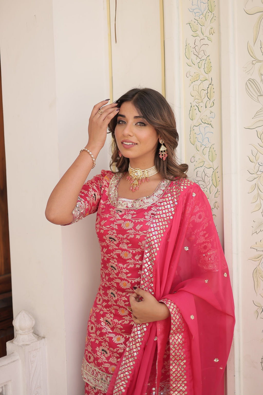 Krishnapriya rani pink viscose embroidered kurti gharara set