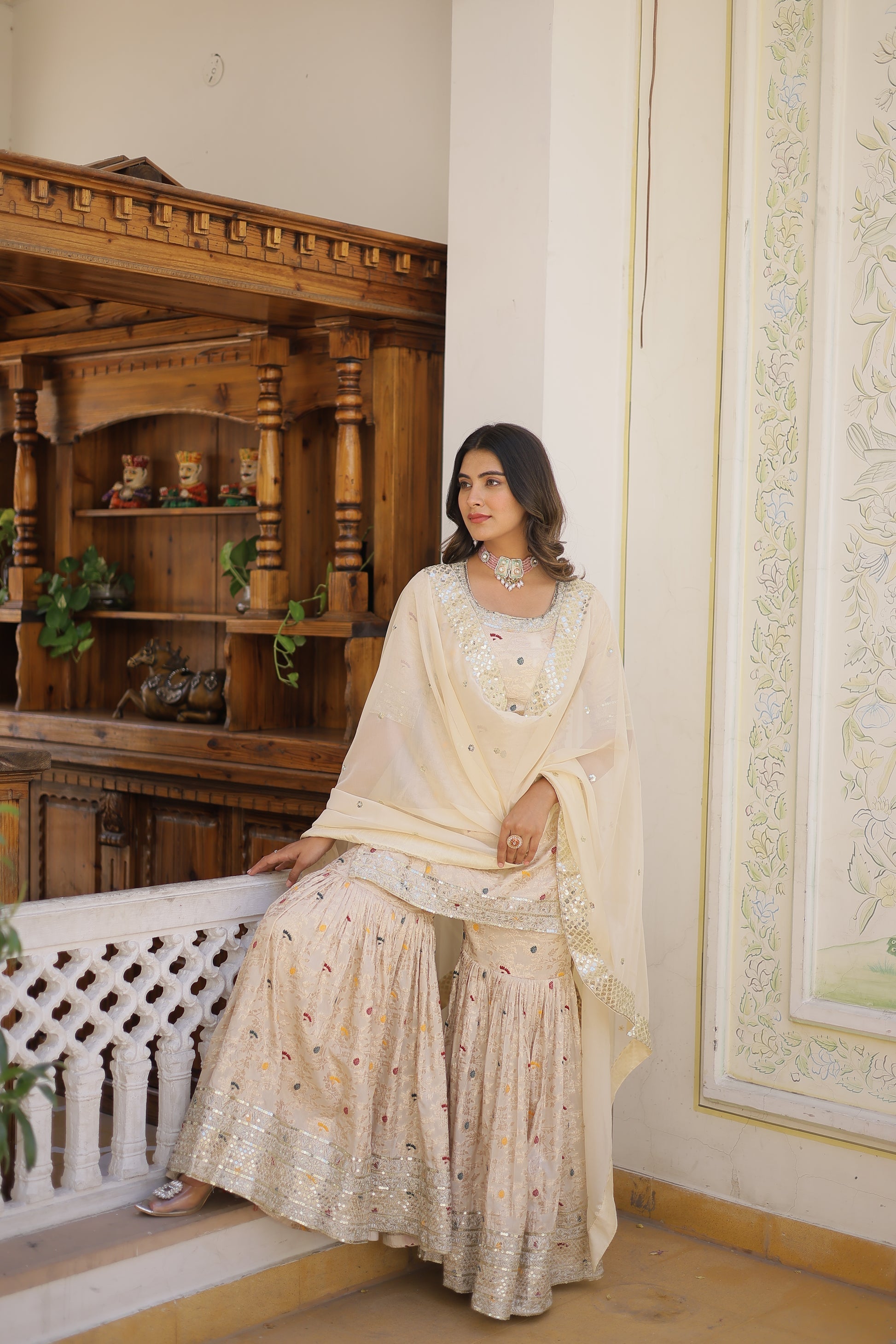 Krishnapriya off white viscose embroidered kurti gharara set