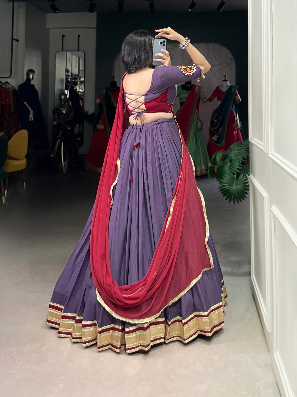 Mauve purple rayon lehenga choli with mirror Gamthi embroidery and dupatta