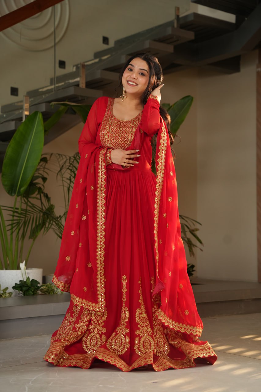 Red party wear gown with dupatta, Indian wedding dress, embroidered gown for women, full sleeve gown design—Trinaari stitched ethnic outfit.