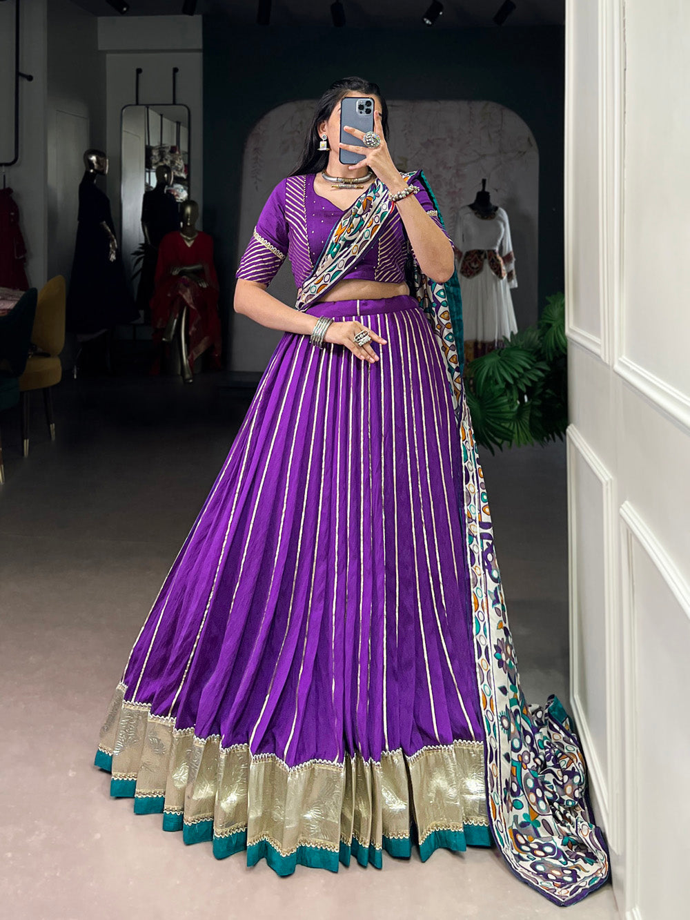 Purple traditional Chanderi lehenga choli with embossed lace design