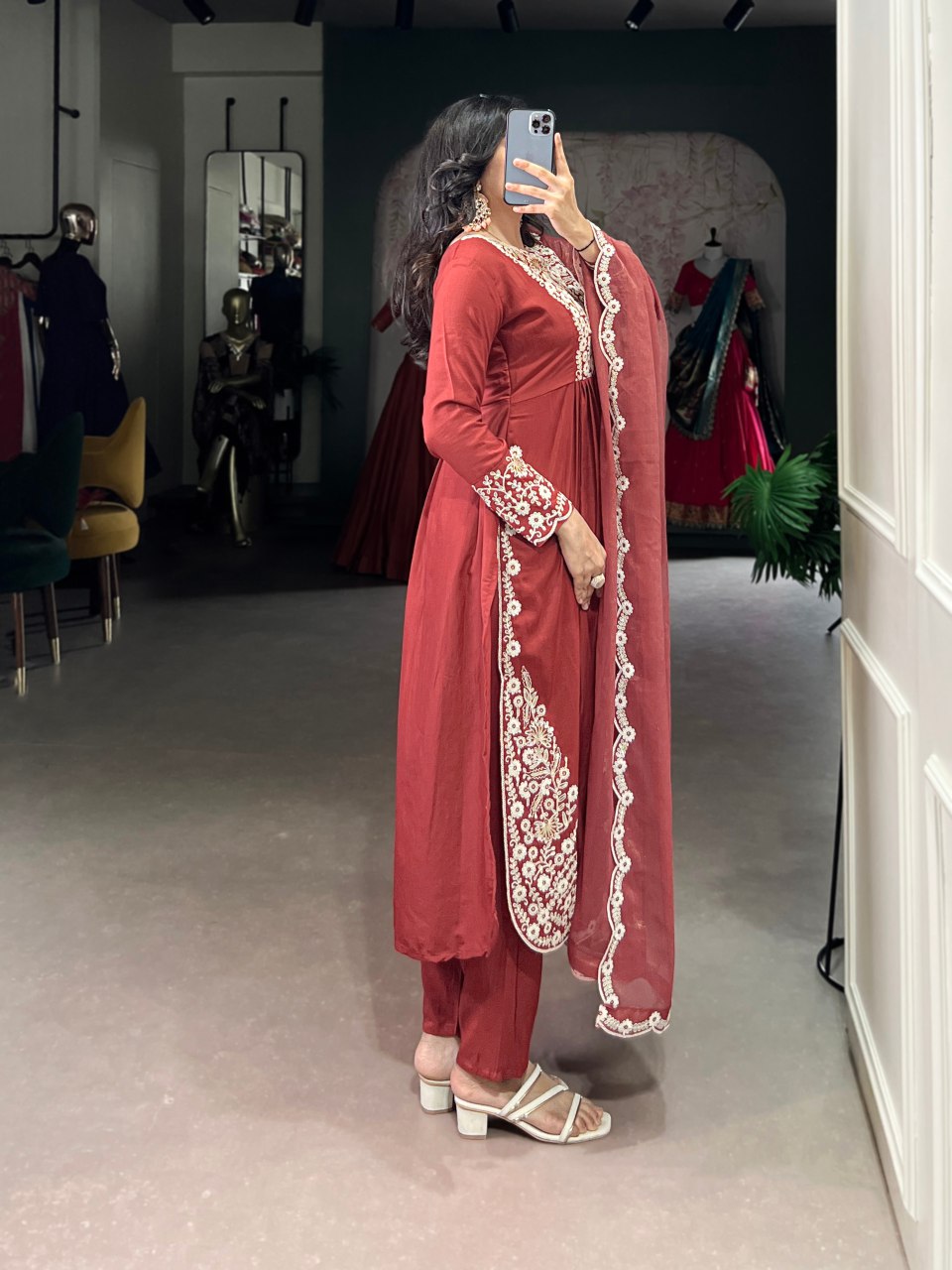 Rust orange Maska cotton embroidered kurta set with dupatta
