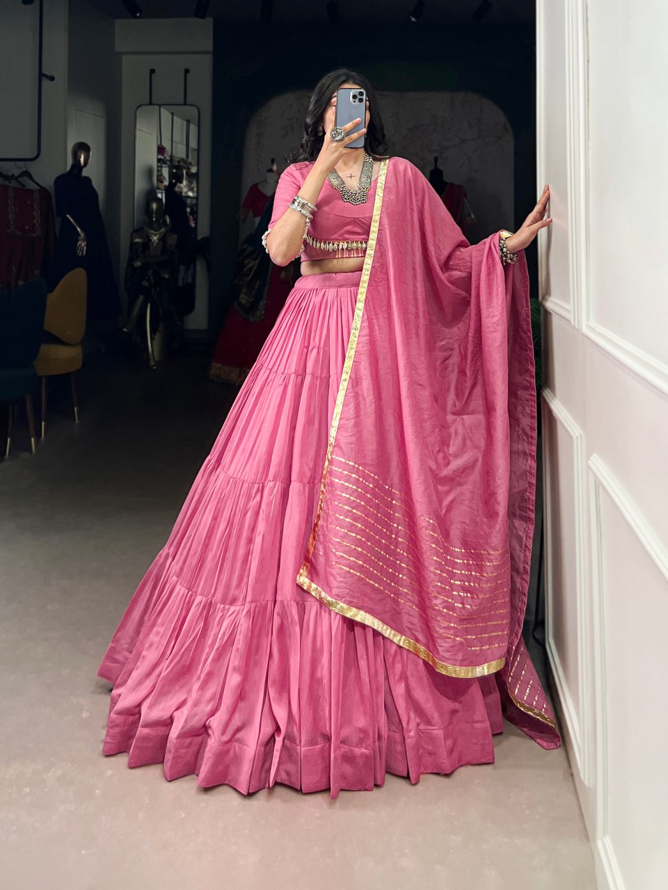 Pink Chanderi lehenga choli with cowrie detailing and dupatta