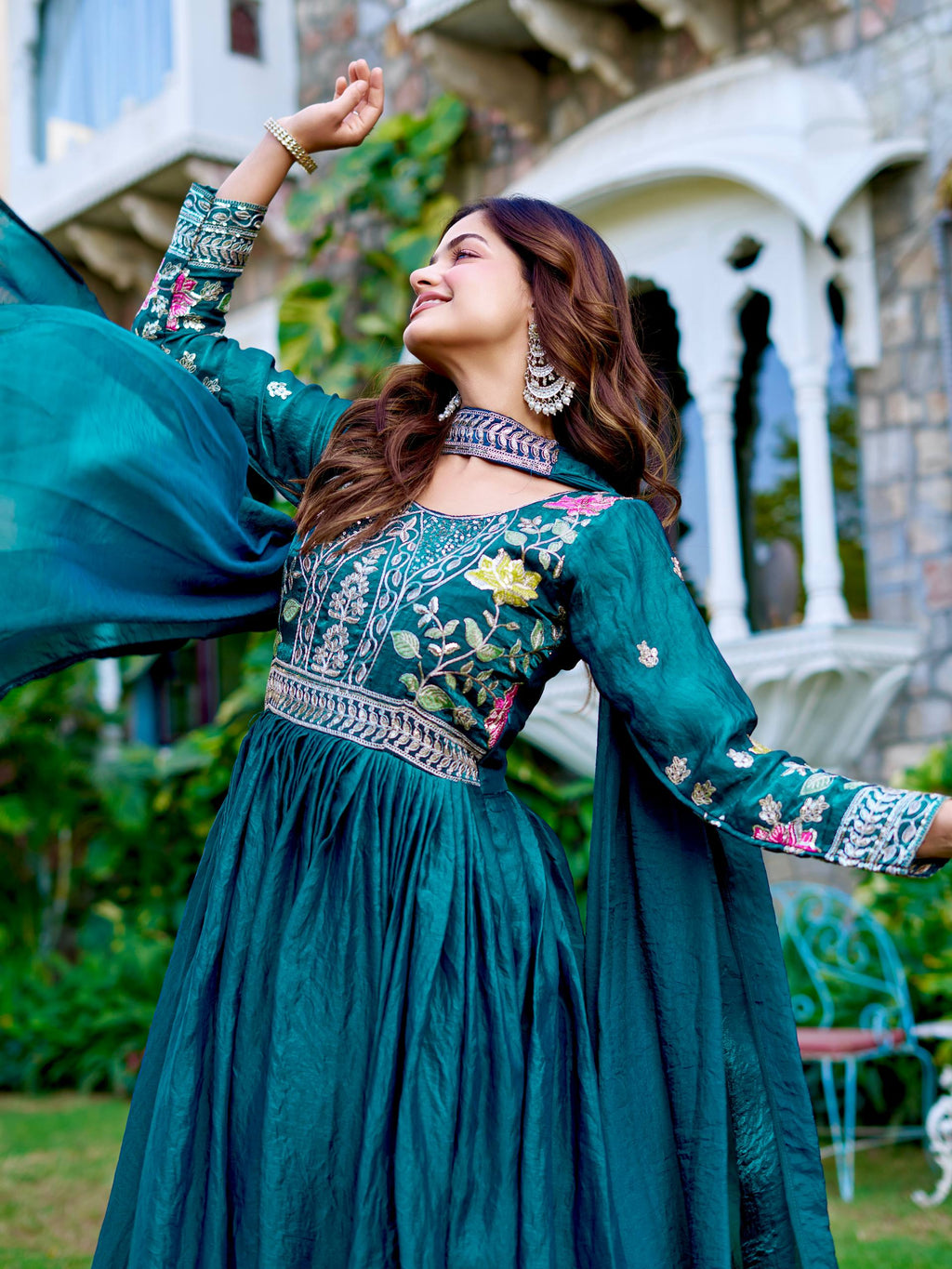 Dipa teal blue Fendy silk gown with embroidery sequins thread work and dupatta