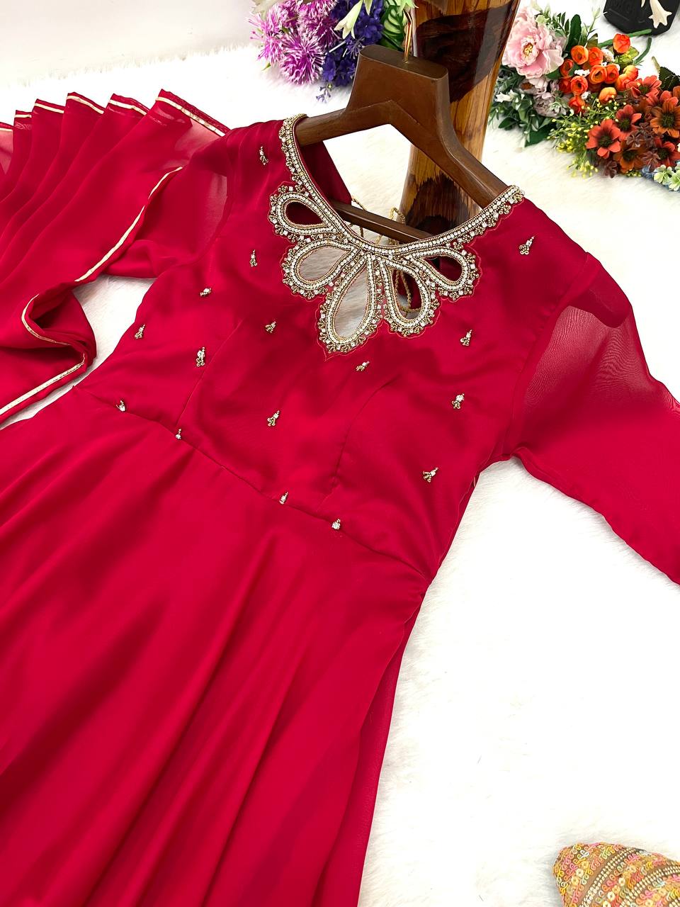 Samiksha red georgette embroidered Anarkali gown set