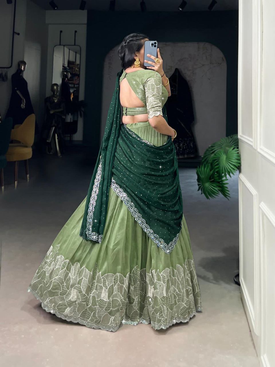 Pista green glossy lehenga choli with silver embroidery and hotfix work