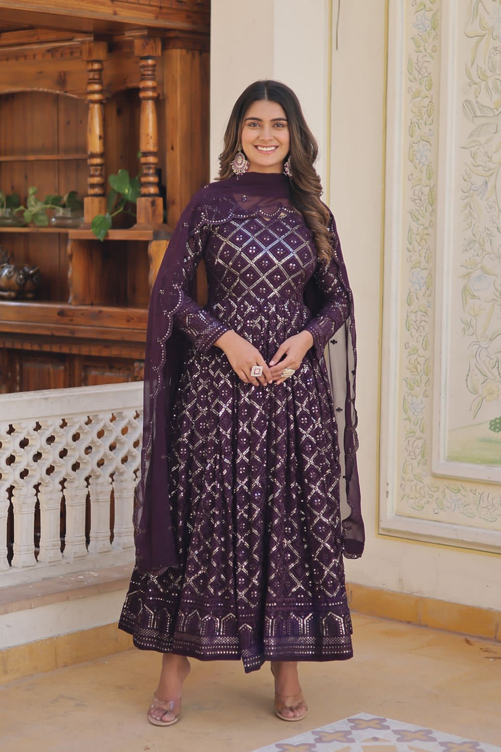 Royal purple blossom floral gown with dupatta