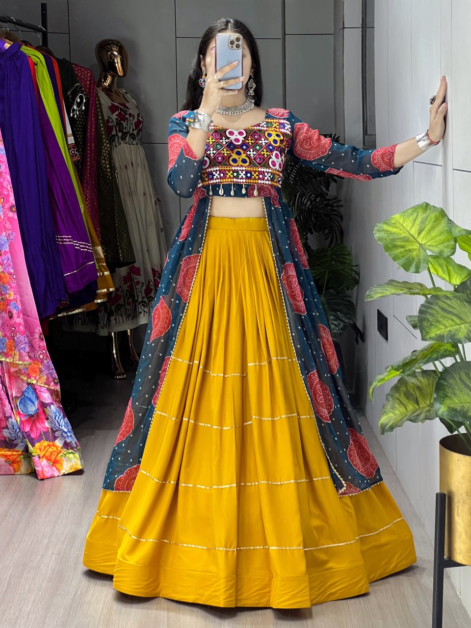 Mustard yellow rayon Bandhani print Gota Patti work faux georgette kurti lehenga