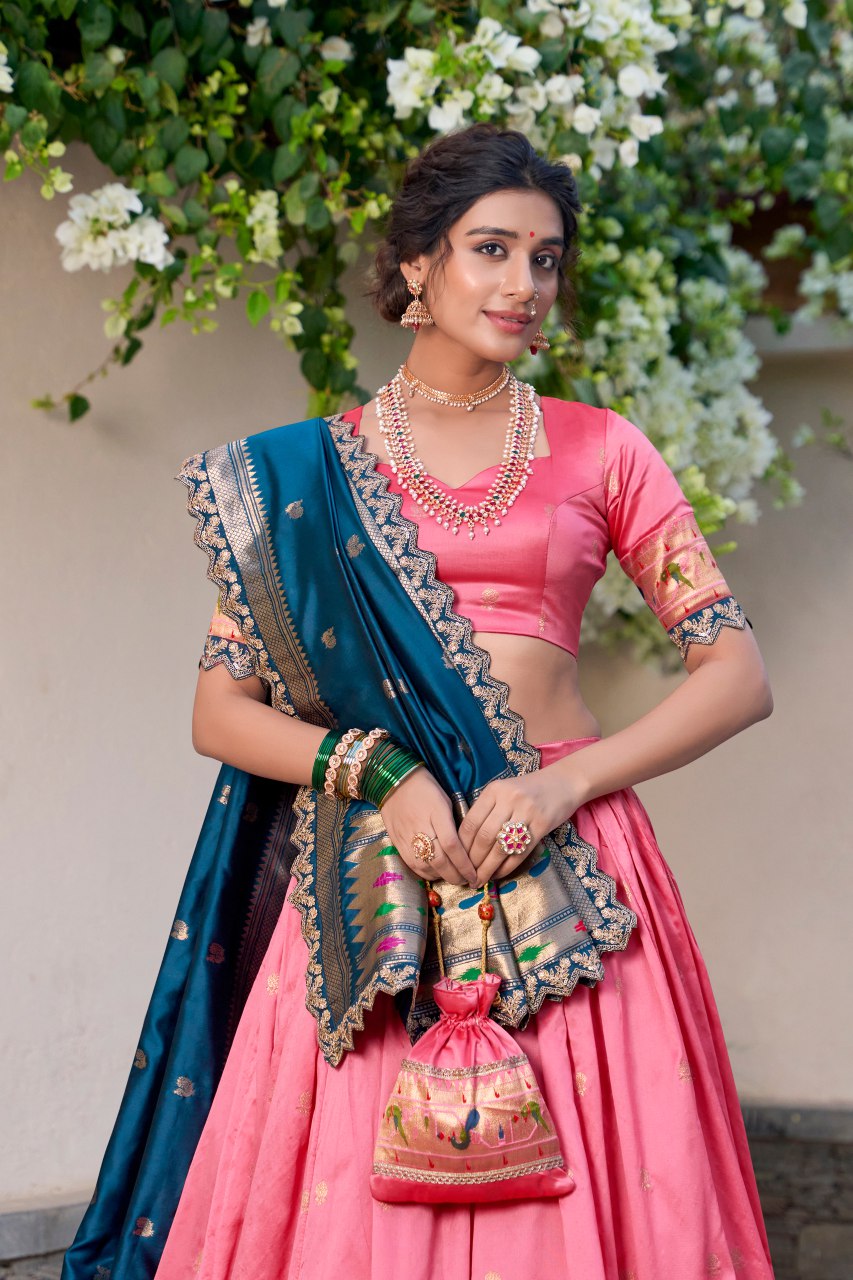 Onion pink jacquard silk Paithani lehenga choli with dupatta and batwa