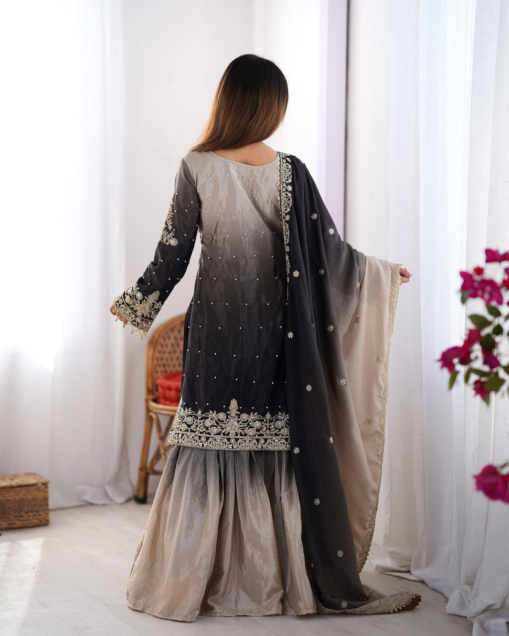 Manvisha black embroidered sharara suit set