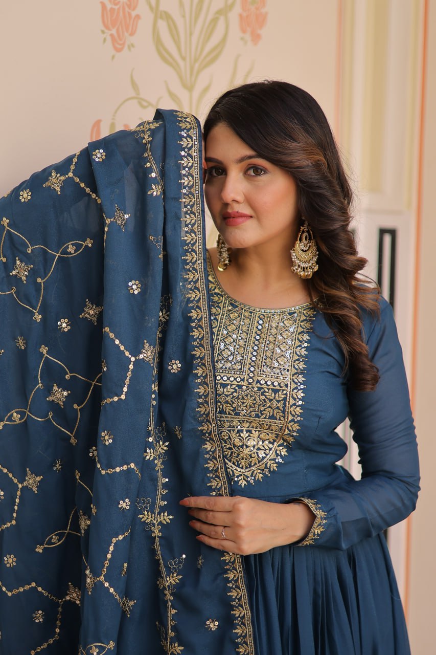 Rama blue star georgette zari sequins embroidered gown with dupatta