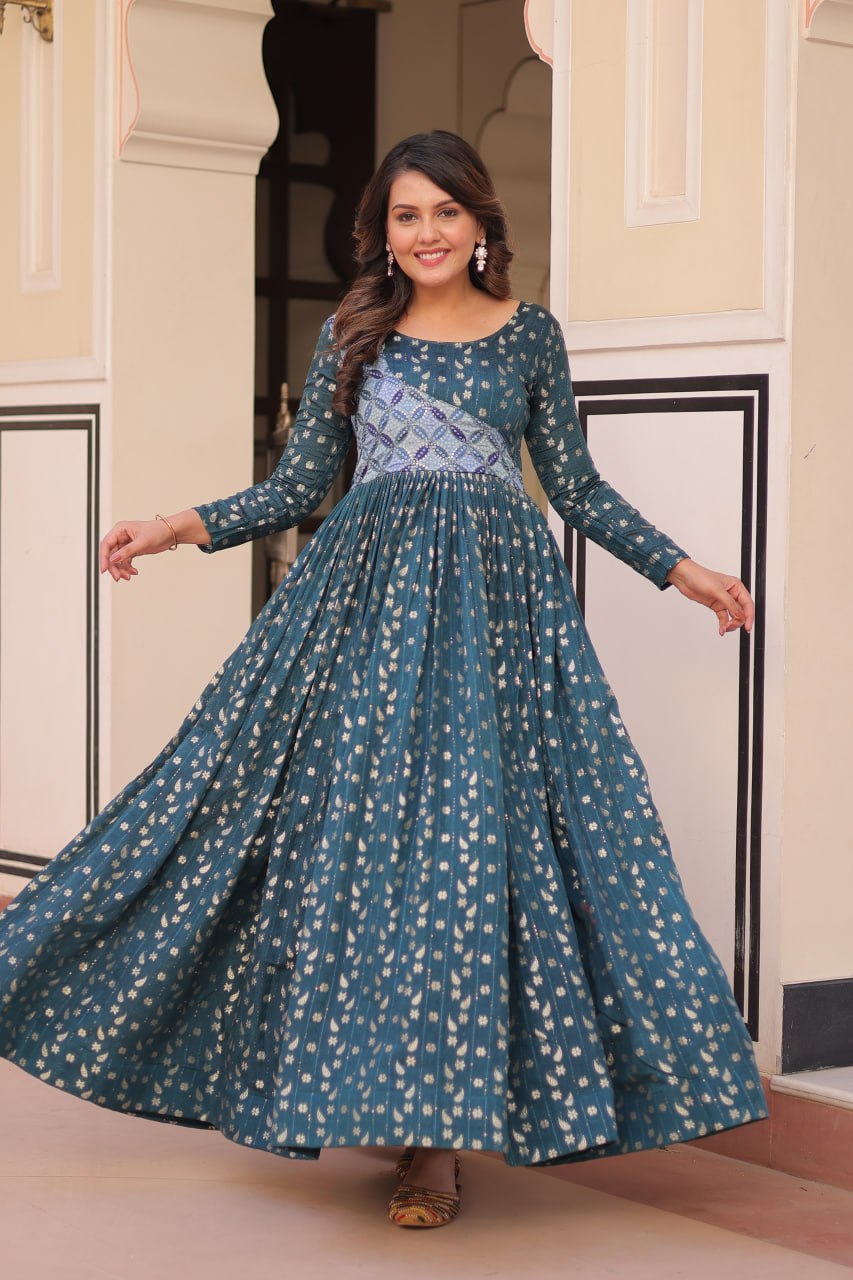 Rama color printed Vani choli flared designer gown