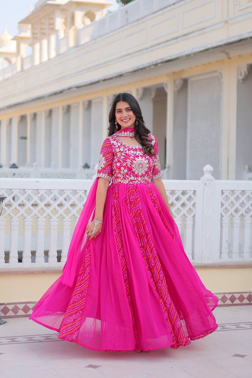 Saanvi pure bandhej georgette embroidered gown set