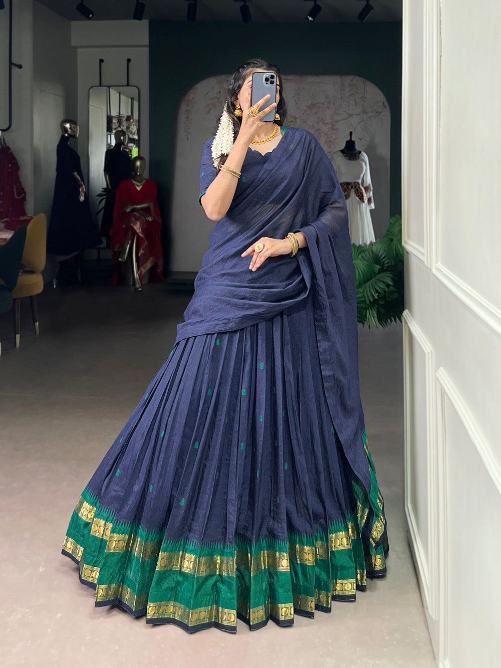 Navy blue Chanderi half-saree lehenga with zari weaving design
