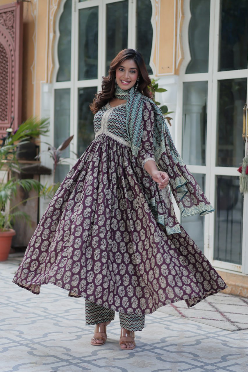Brown printed pure cotton kurti set for women, lightweight kurti with pant and dupatta, daily wear cotton kurti set, breathable cotton ethnic wear for summer, stylish printed kurta set for casual and office wear, Indian cotton kurti pant set online, elegant brown ethnic suit for women, pure cotton kurti set with traditional print.