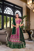 Pink Kanchipuram silk printed lehenga choli with embroidered dupatta