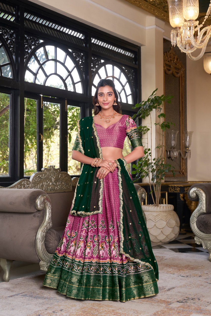 Pink Kanchipuram silk printed lehenga choli with embroidered dupatta