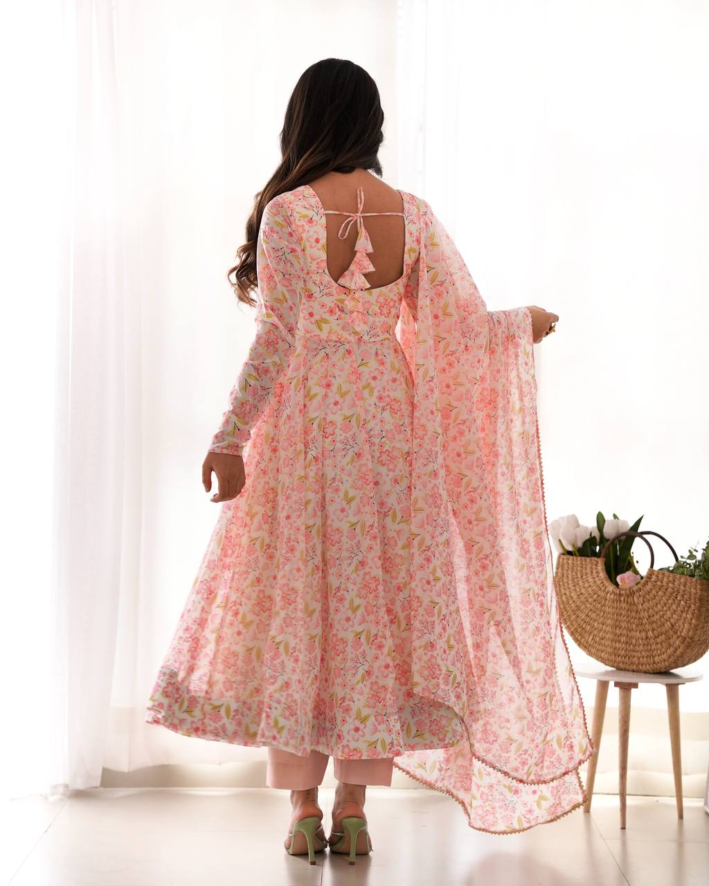 Pink orange chiffon floral Anarkali suit for wedding functions