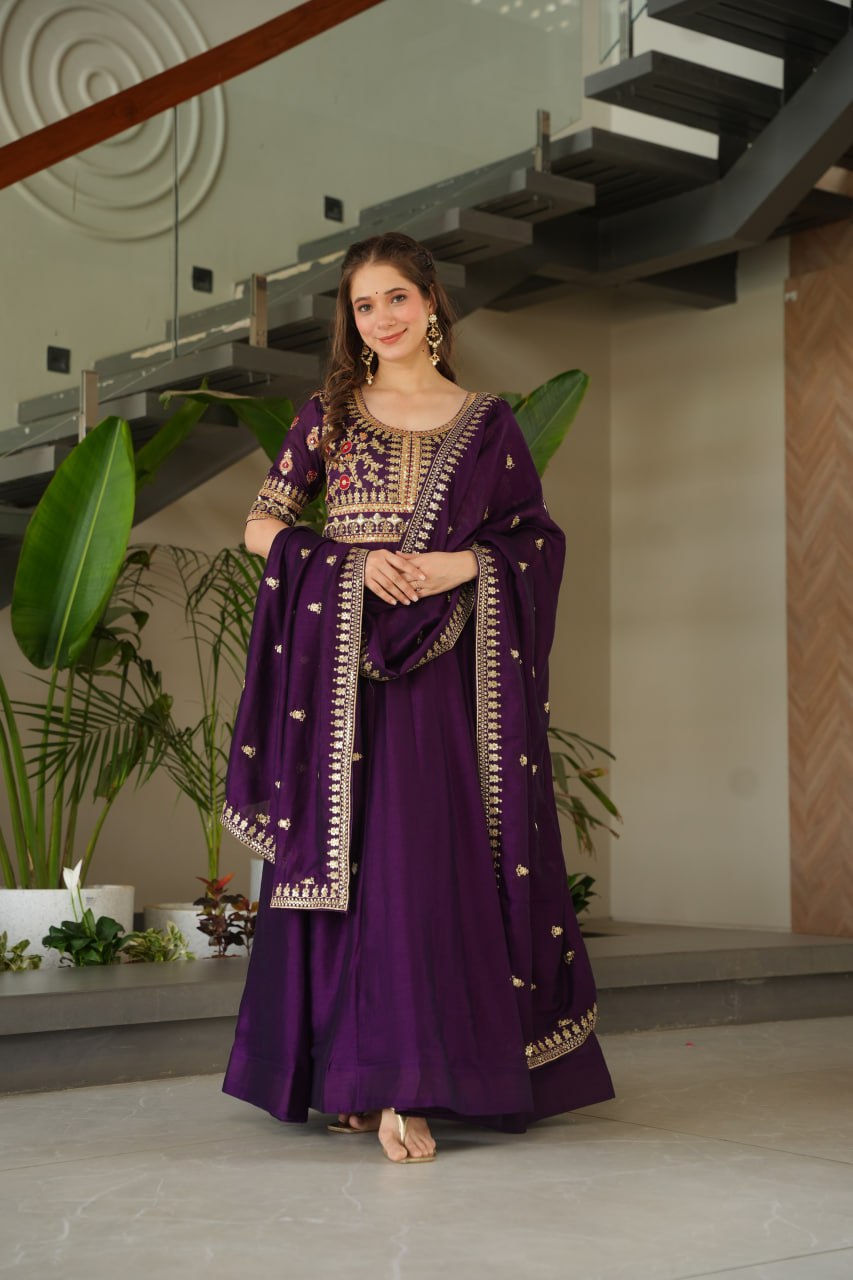 Aadishri purple silk sequins embroidered gown