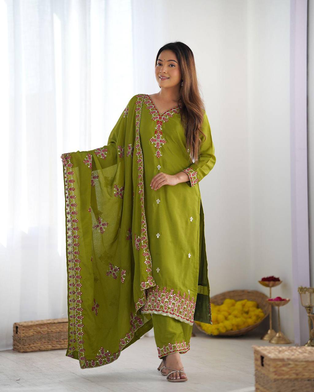Anvitha Green Chinon Silk Kurti Set with 5mm sequin embroidery, lacework & dupatta – fully stitched festive wear for women.
