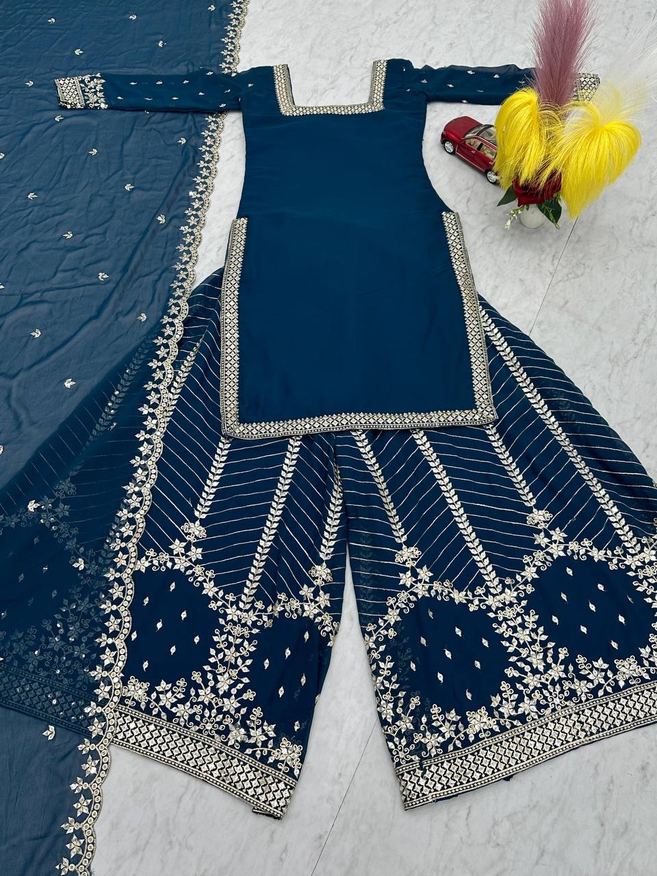 Aroa blue fox georgette kurti palazzo set with embroidery sequence work