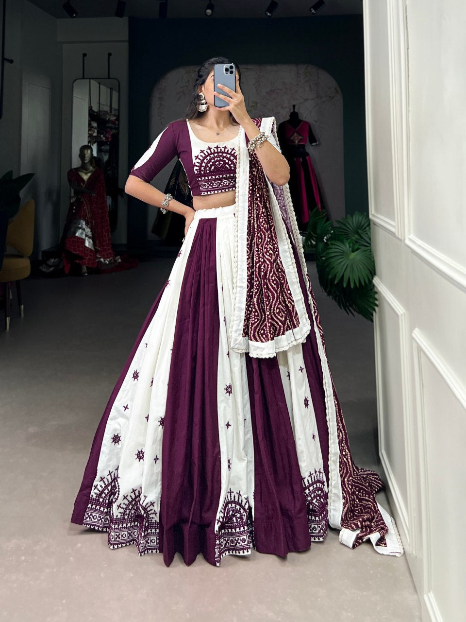 Wine pure cotton mirror Gamthi work lehenga choli with Bandhej print dupatta