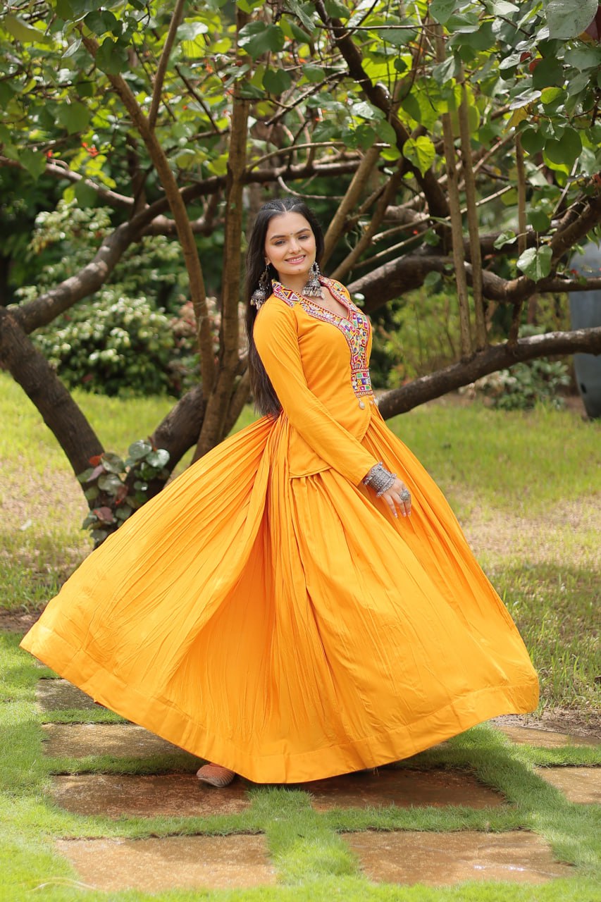 Yellow rayon Kutchi Gamthi embroidered Misty Navratri gown