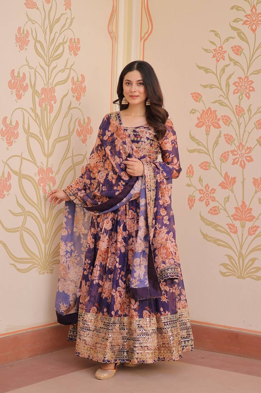 Purple Russian silk printed gown with embroidered sequins work and dupatta