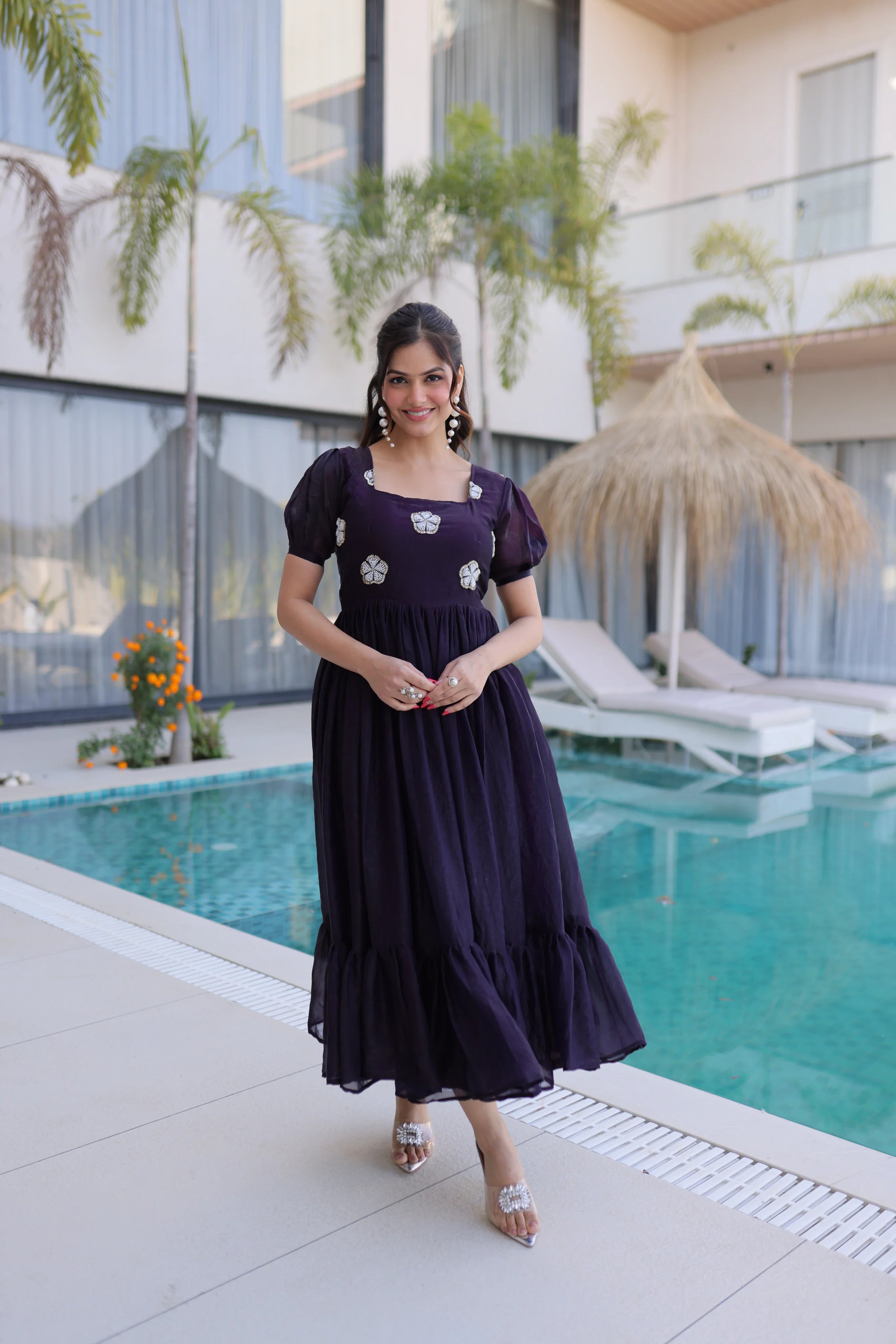 Sruvika purple Fendi silk gown with beads embroidered work