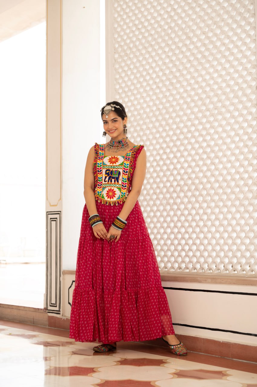 Pink faux georgette Bandhani print Kutchi patch mirror work gown