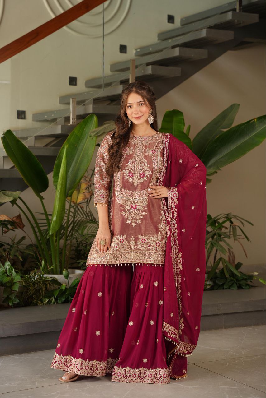 Maroon crazy silk embroidered kurti palazzo set with dupatta