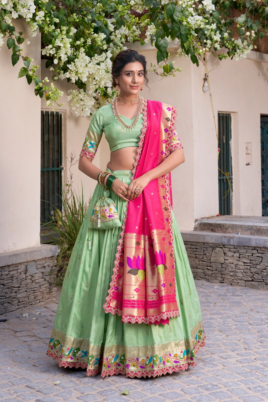 Pista green jacquard silk Paithani lehenga choli with dupatta and batwa
