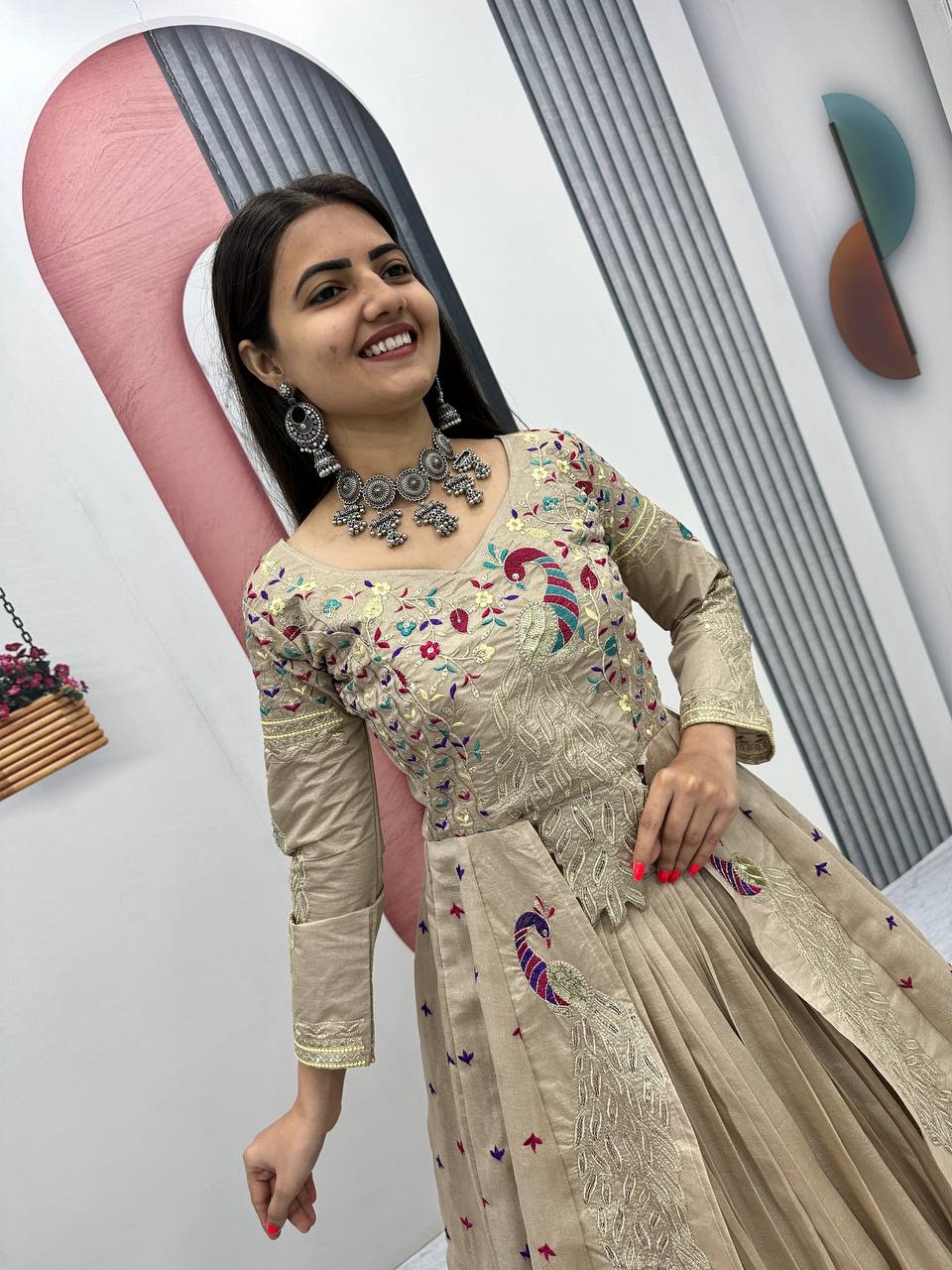 Mani beige Vichitra silk crop top peacock design lehenga with embroidered shrug