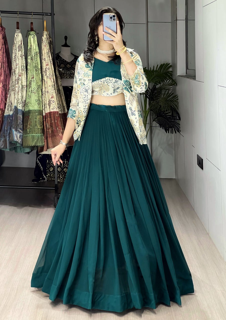 Alka teal green georgette foil printed lehenga choli with koti jacket