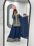 Enya blue Chinon kurti palazzo set with thread sequence embroidery work