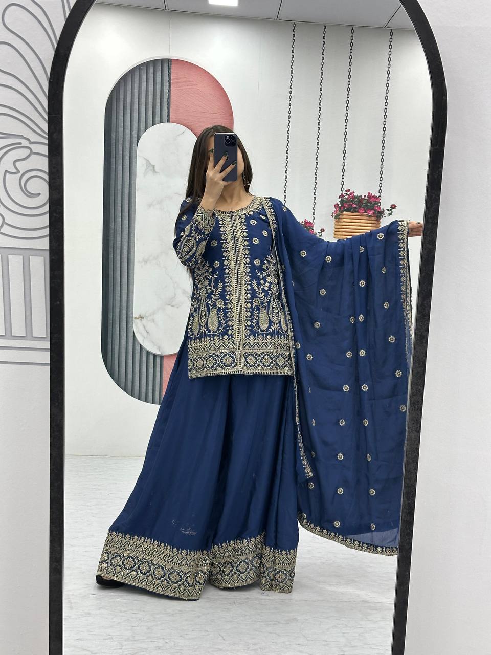 Enya blue Chinon kurti palazzo set with thread sequence embroidery work