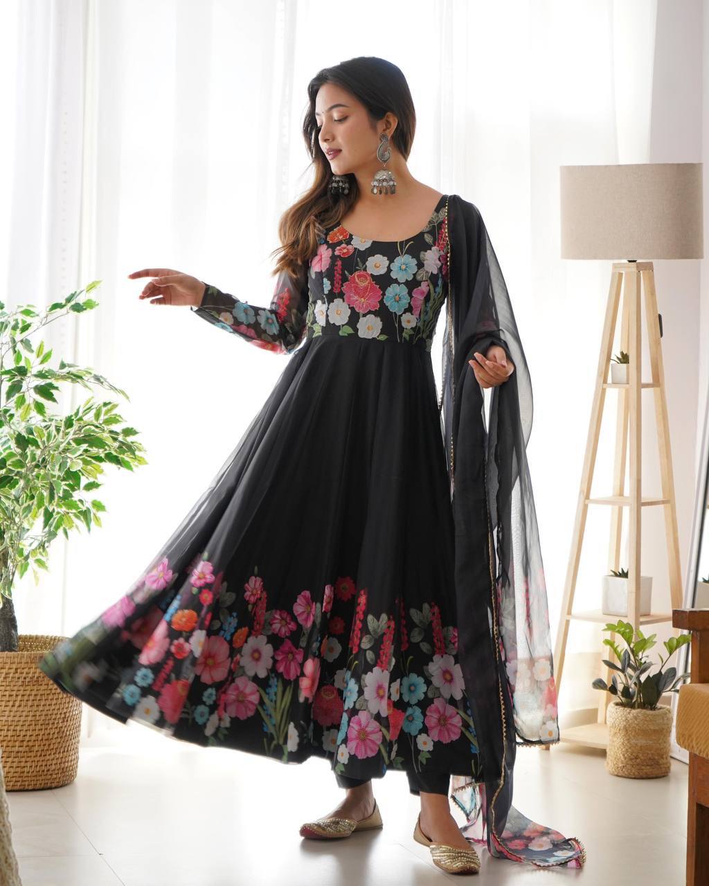 Darshika black organza floral printed anarkali suit set