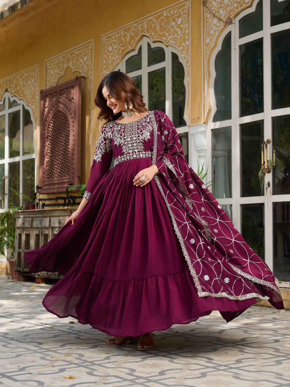Piya wine Vichitra silk gown with sequins embroidery and dupatta