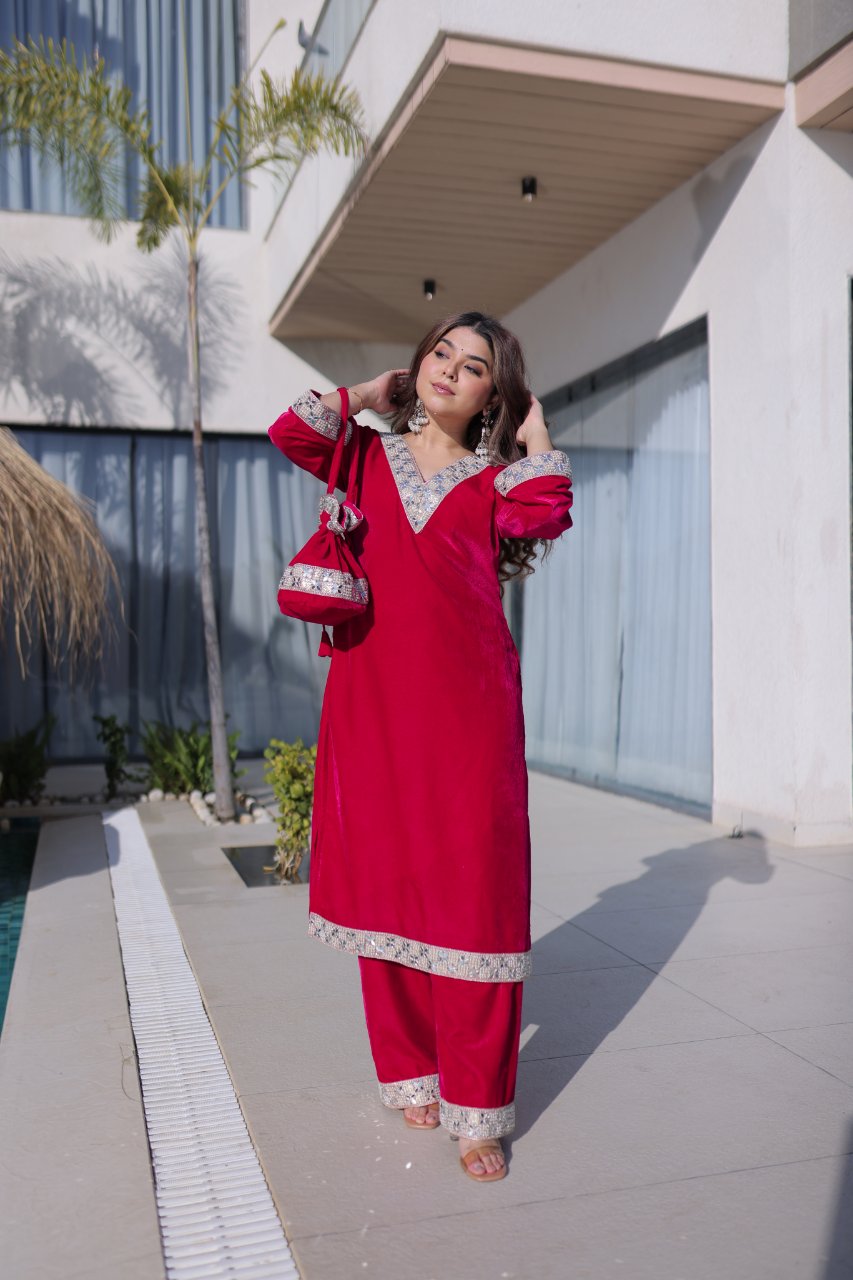 Elvya rani pink velvet kurti set with zari embroidered mirror work