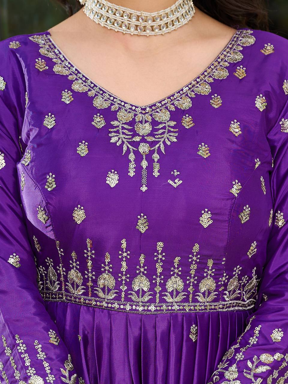 Meghnita Anarkali suit in American Silk with thread & sequin embroidery, padded gown, stitched pant & dupatta—perfect for weddings & festive wear.
