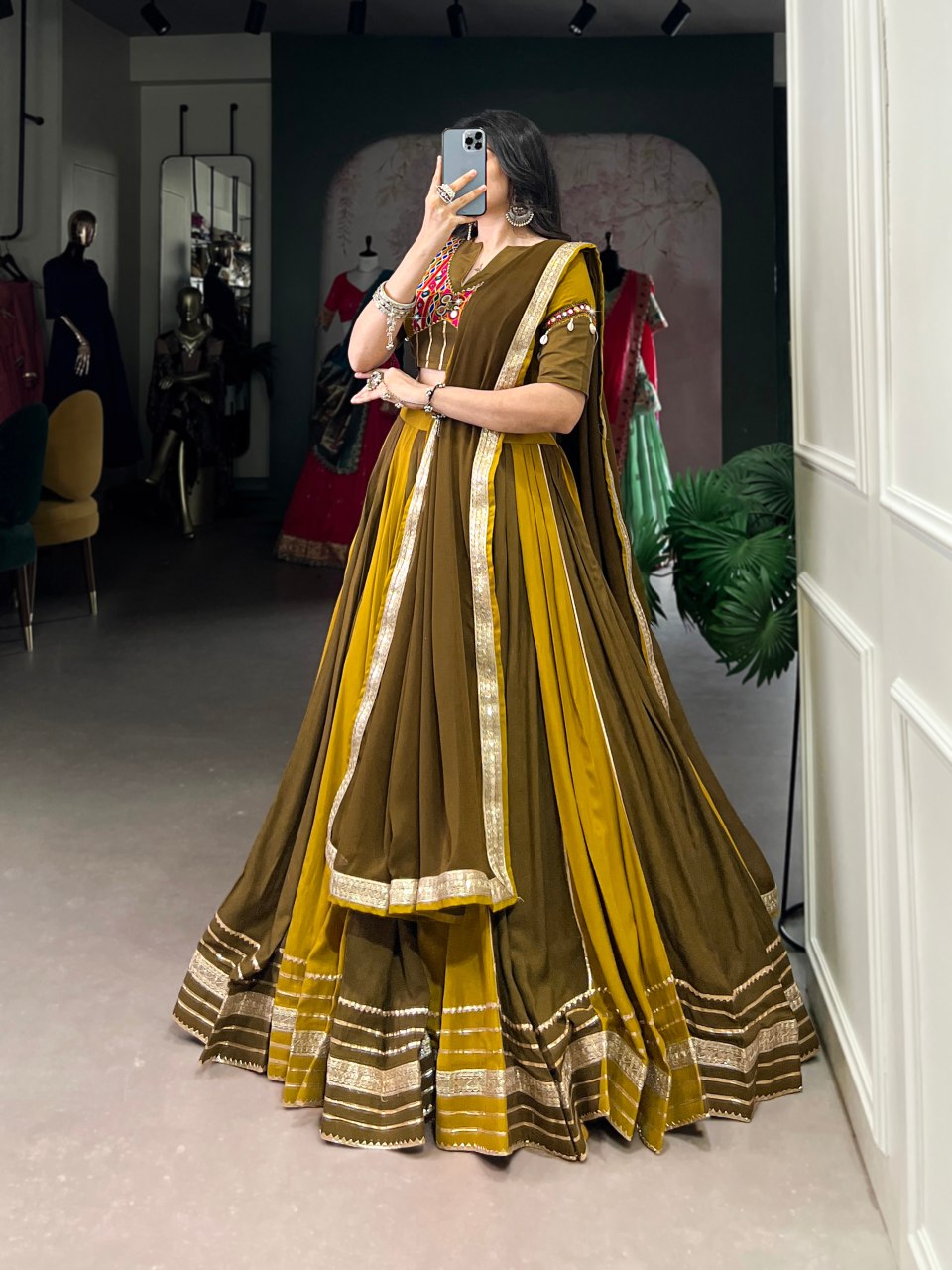 Mustard yellow pure rayon mirror Gamthi work lehenga choli