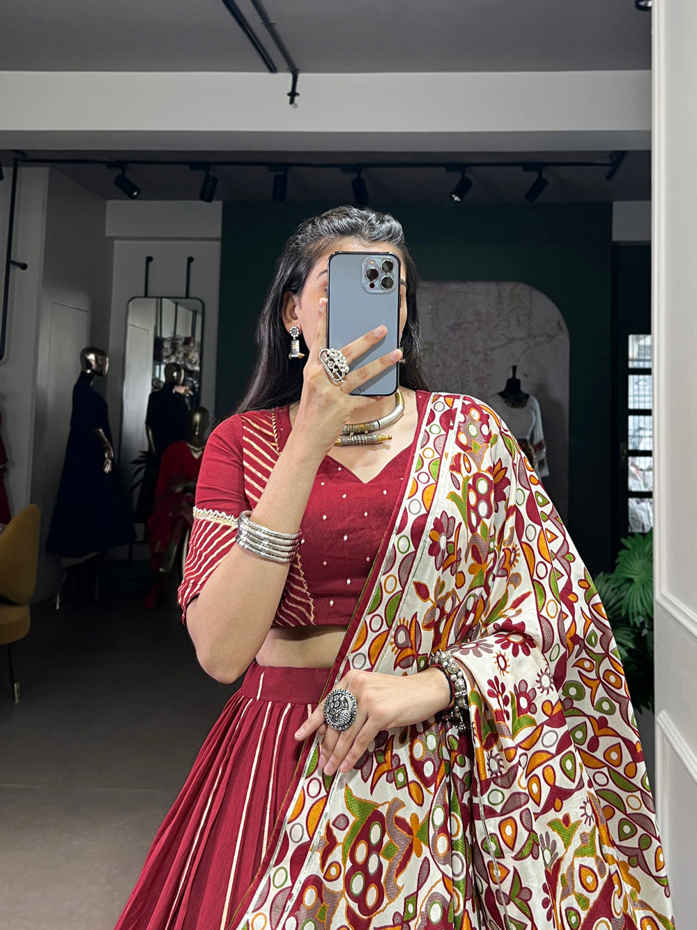 Maroon Chanderi zari weaving and embossed lace lehenga choli