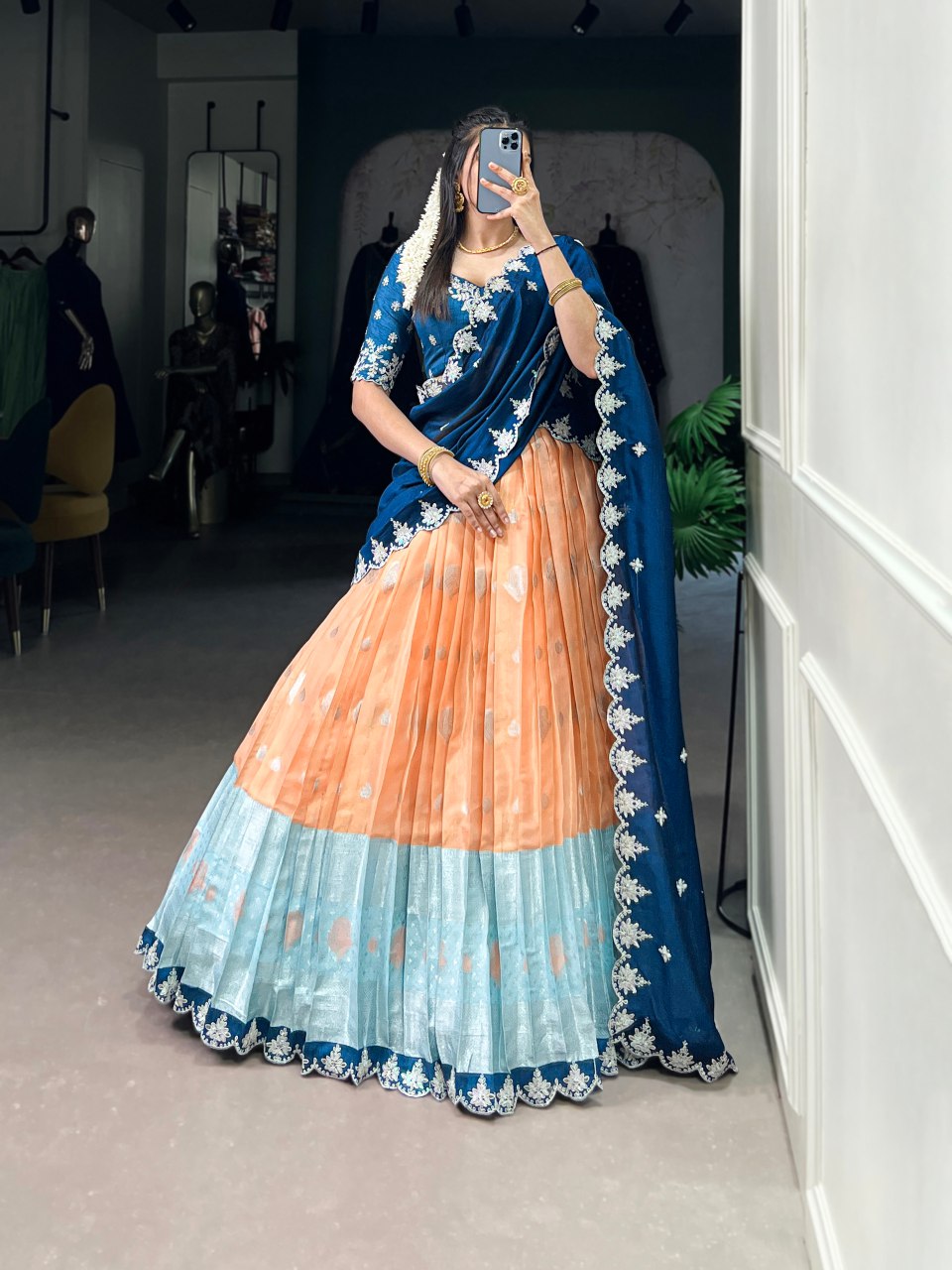 Orange zari Kota lehenga with zari weaving embroidered Vichitra silk dupatta