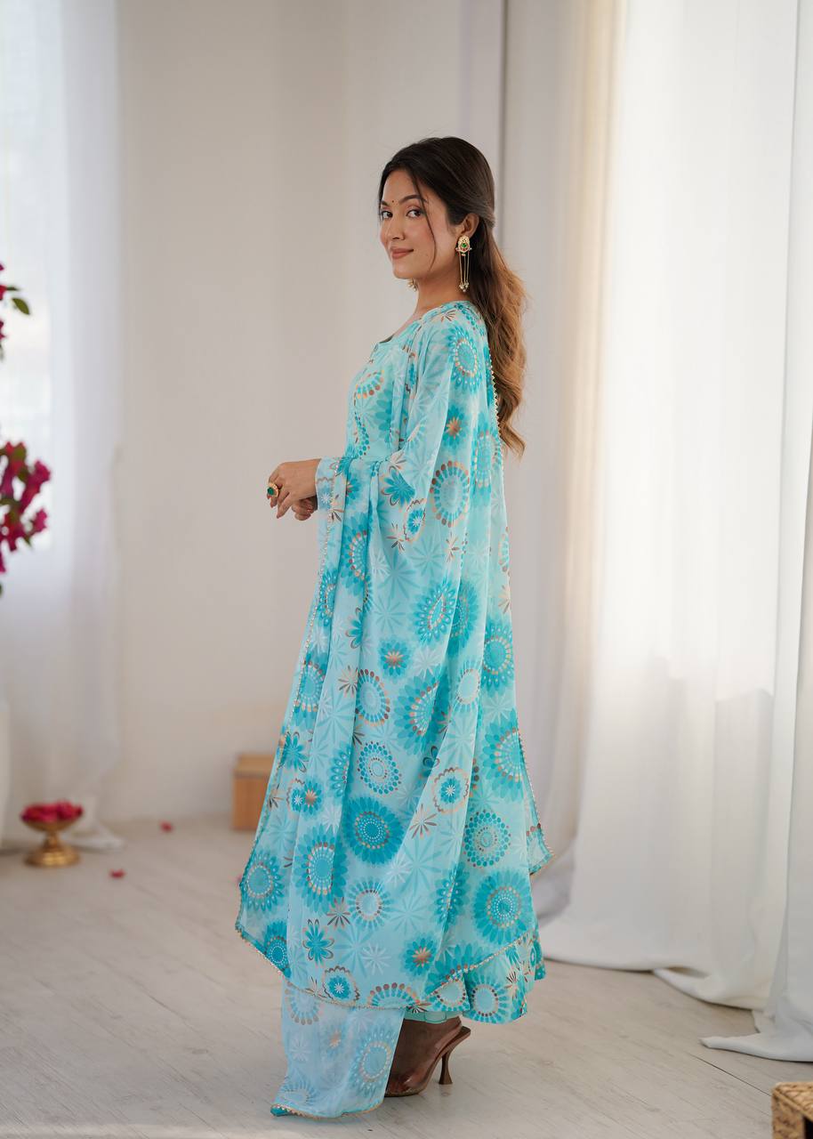 Sky blue georgette floral printed Anarkali suit for women