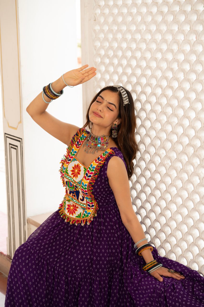 Purple faux georgette Bandhani print Kutchi patch mirror work gown
