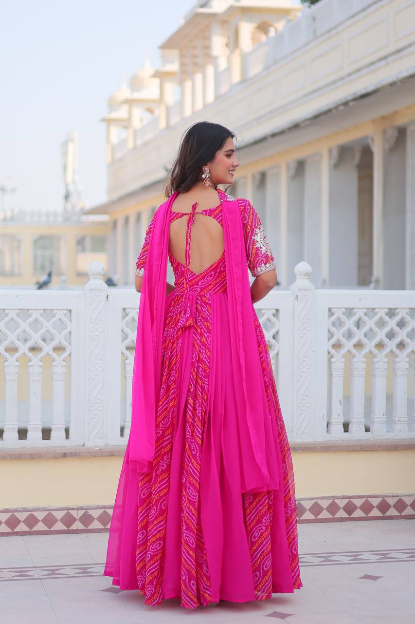 Saanvi pure bandhej georgette embroidered gown set