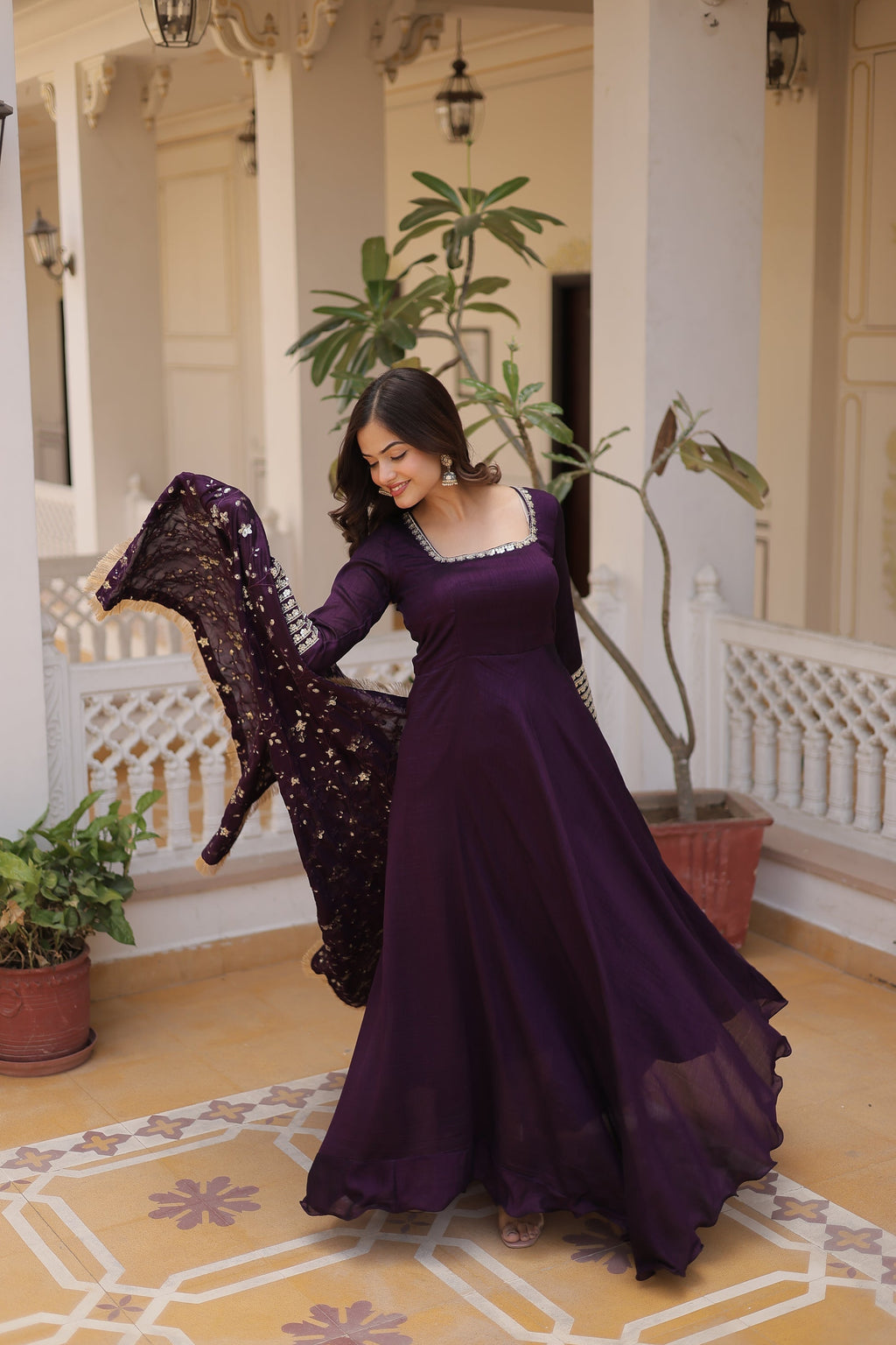 Purple Vichitra silk Aparajita designer Anarkali gown