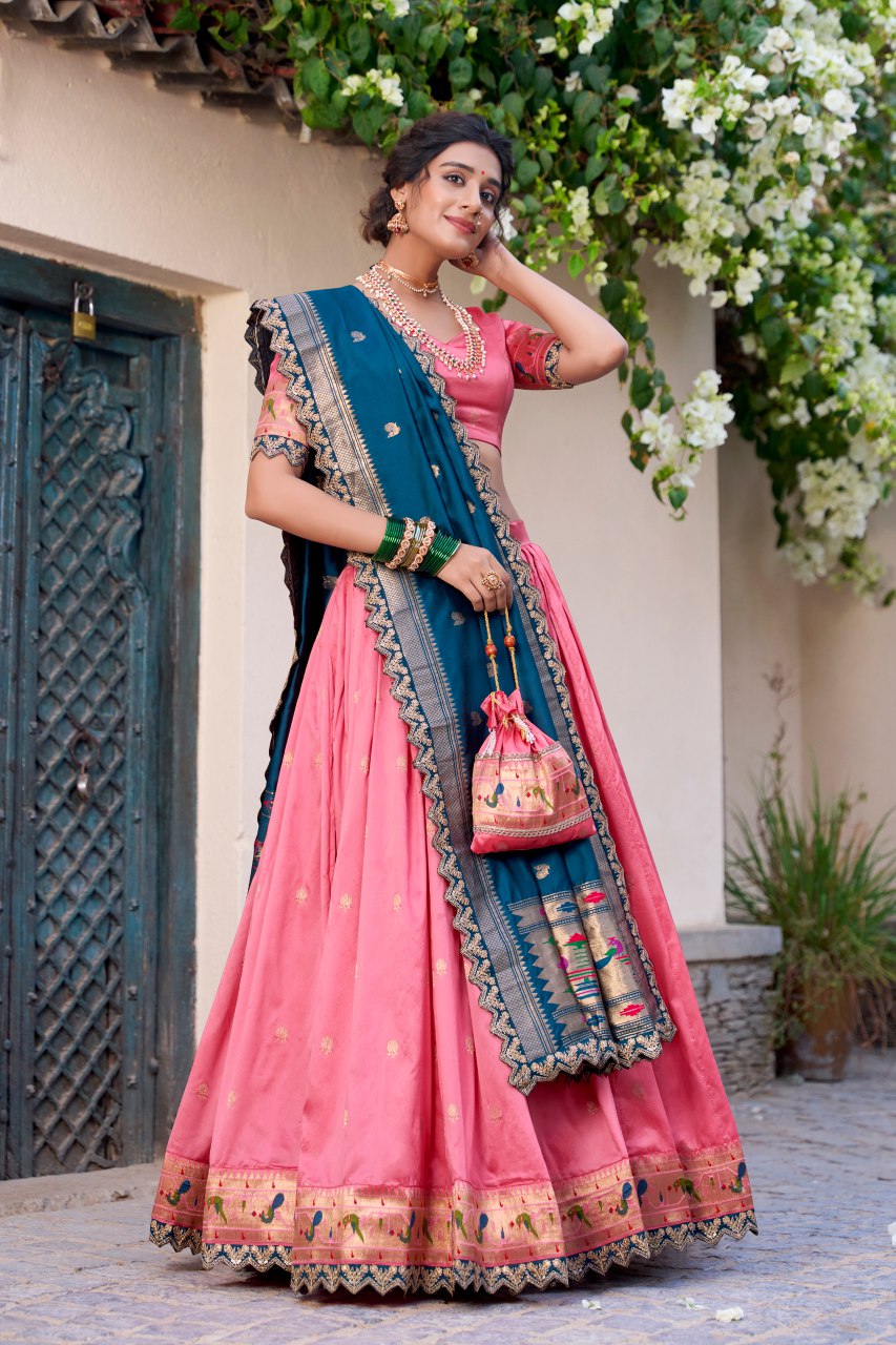 Onion pink jacquard silk Paithani lehenga choli with dupatta and batwa