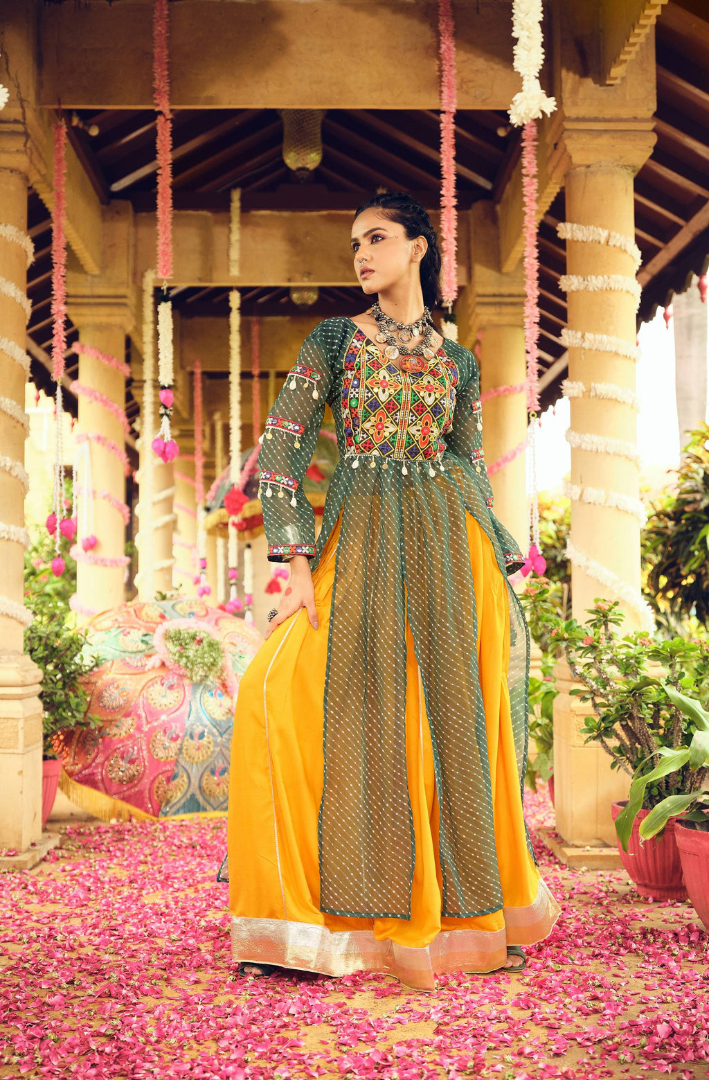 Green pure rayon canvas patta embroidered mirror work lehenga choli