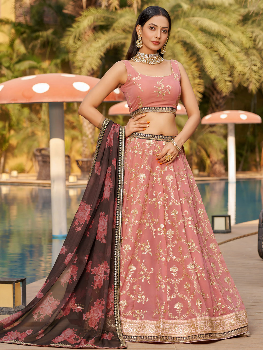 Navya dusty pink embroidered lehenga choli with floral dupatta